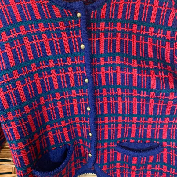 Vintage Ashley Hill Plaid Knit Cardigan Sweater Large Gold Buttons 80s/90s Retro - Picture 3 of 6